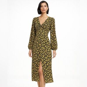 Topshop Black Yellow Floral Midi Dress Twist Front Open Back Size 6